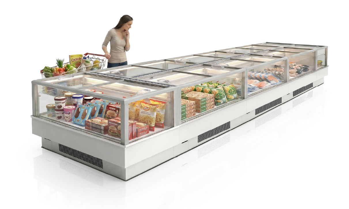 Ilhas FUTURO 2 em layout de gôndola num supermercado Conjunto de ilhas FUTURO 2 instaladas em formato gôndola no corredor de um supermercado