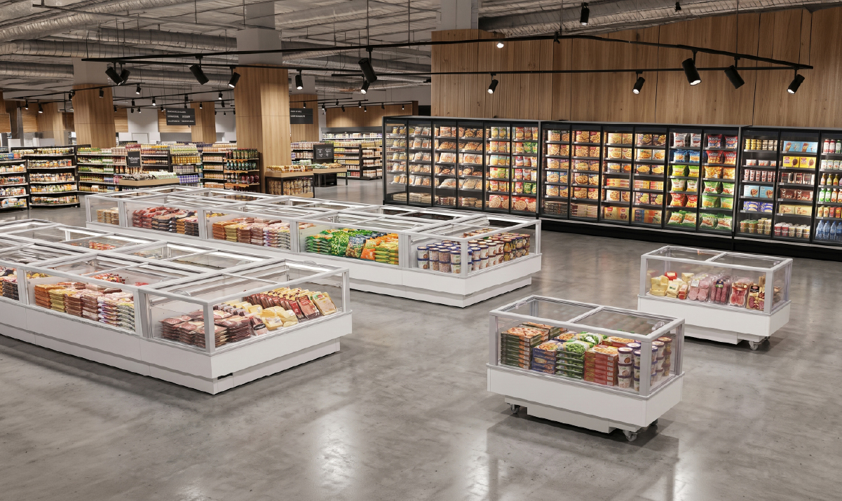 V&aacute;rias ilhas FUTURO 2 instaladas em linha numa superf&iacute;cie comercial