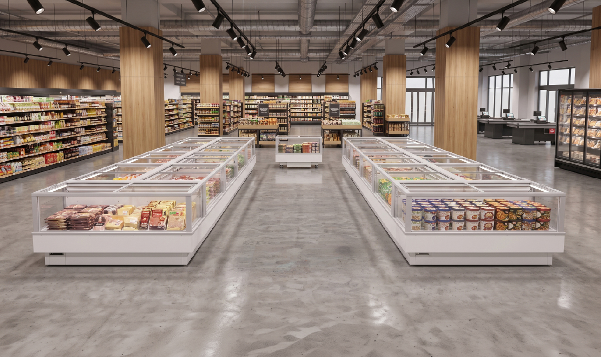 Vis&atilde;o geral da ilha FUTURO 2 posicionada em &aacute;rea promocional no corredor de um supermercado