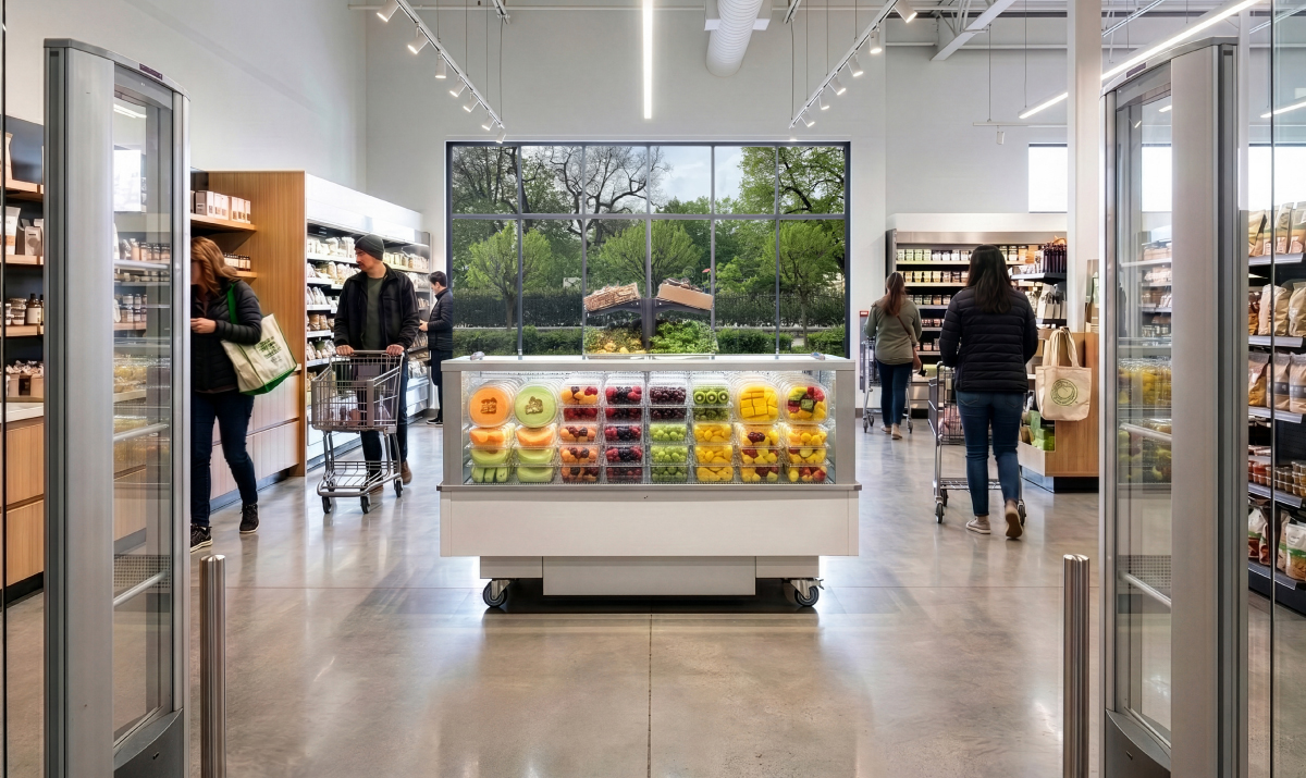 Ilha refrigerada FUTURO 2 instalada na zona de entrada para incentivar compras de impulso